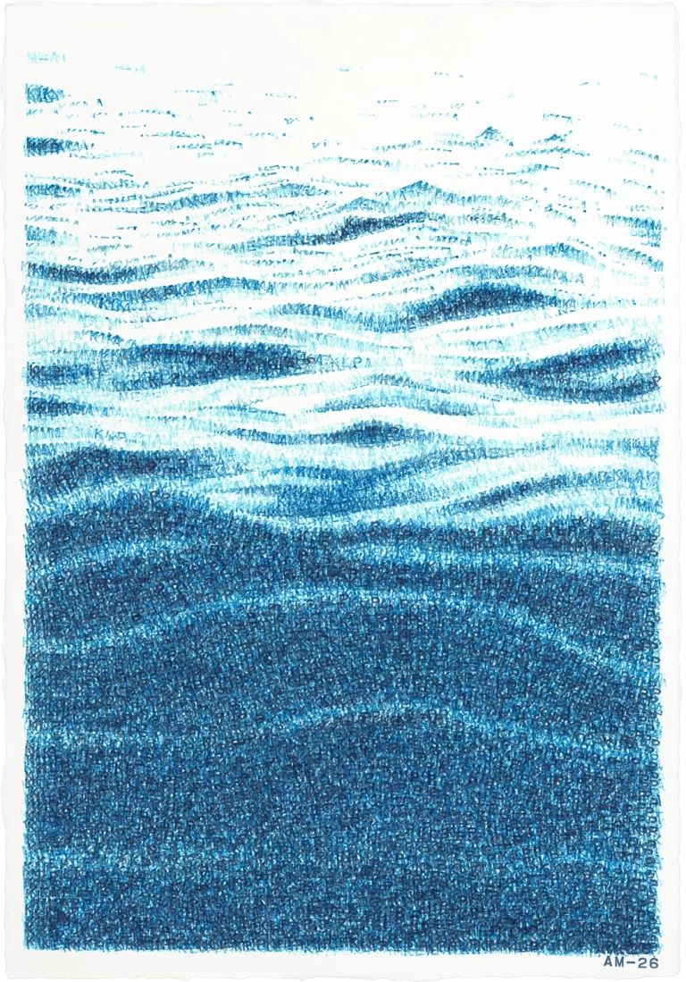 Blue noise - abstract typography artwork by Agne Matulionyte, featuring layered letterforms and blue printed textures inspired by water currents.