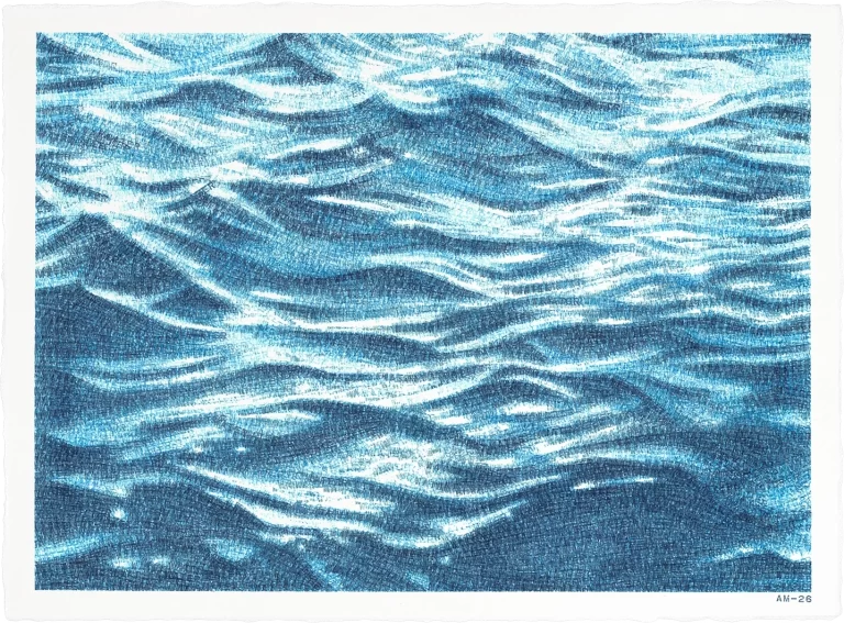 Turbulent current - abstract typography artwork by Agne Matulionyte, featuring layered letterforms and blue printed textures inspired by water currents.