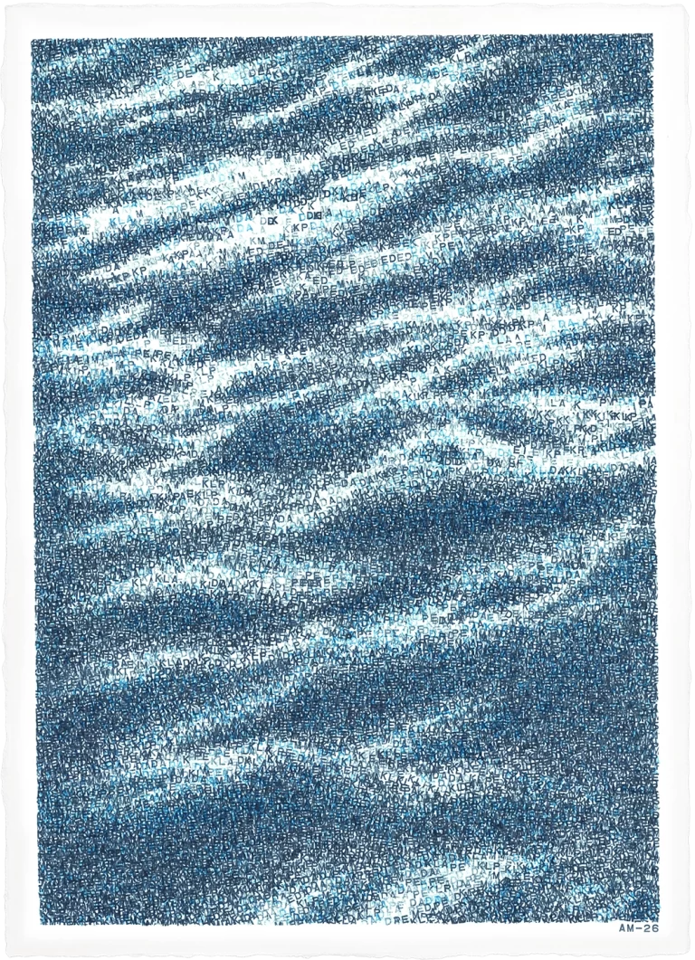 Wave frequency - abstract typography artwork by Agne Matulionyte, featuring layered letterforms in dark blue, inspired by water texture. Vertical image.