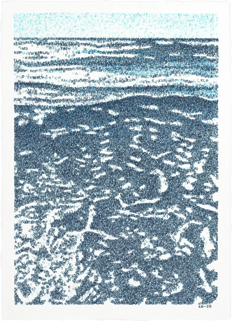 Surface noise - abstract typography artwork by Agne Matulionyte, featuring layered letterforms in light abd dark blue, inspired by water currents and waves crashing to the shore. Vertical image.
