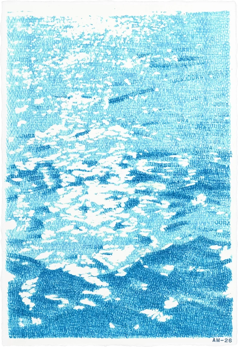 Light frequency - abstract typography artwork by Agne Matulionyte, featuring layered letterforms in light blue, inspired by sun reflections in water. Vertical image.