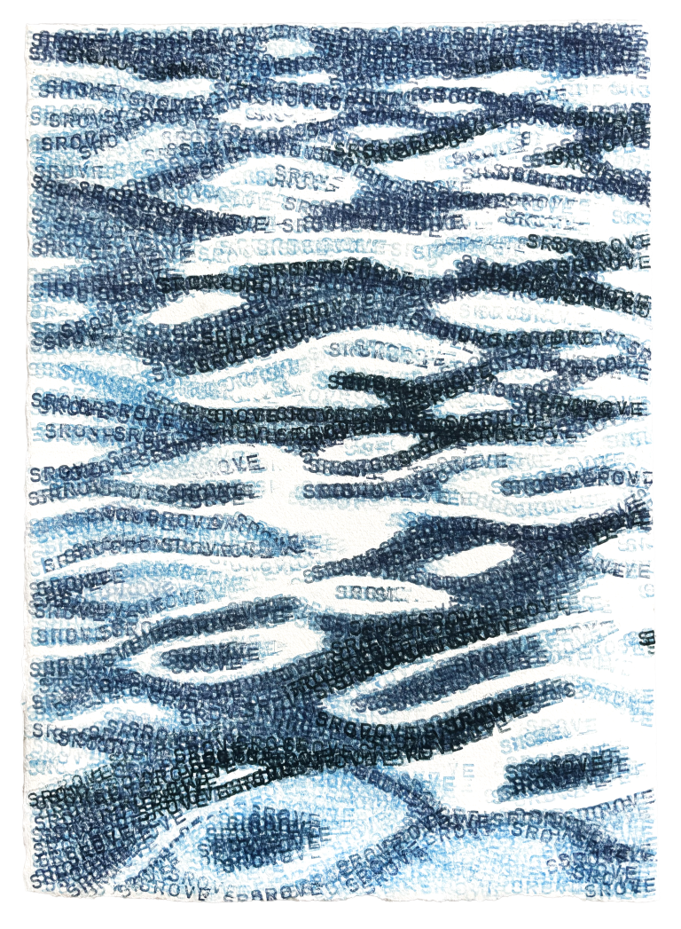 Moving surface - abstract typography artwork by Agne Matulionyte, featuring layered letterforms in blue, inspired by wave movement. Vertical image.